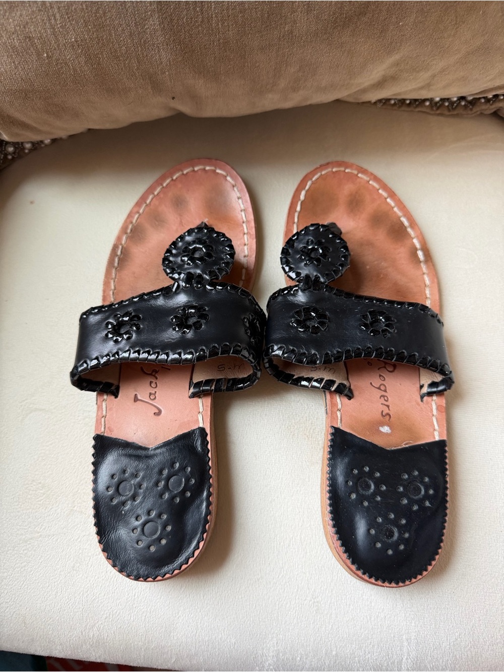 Jack Rogers Black Leather Whipstitch Medallion Sandals